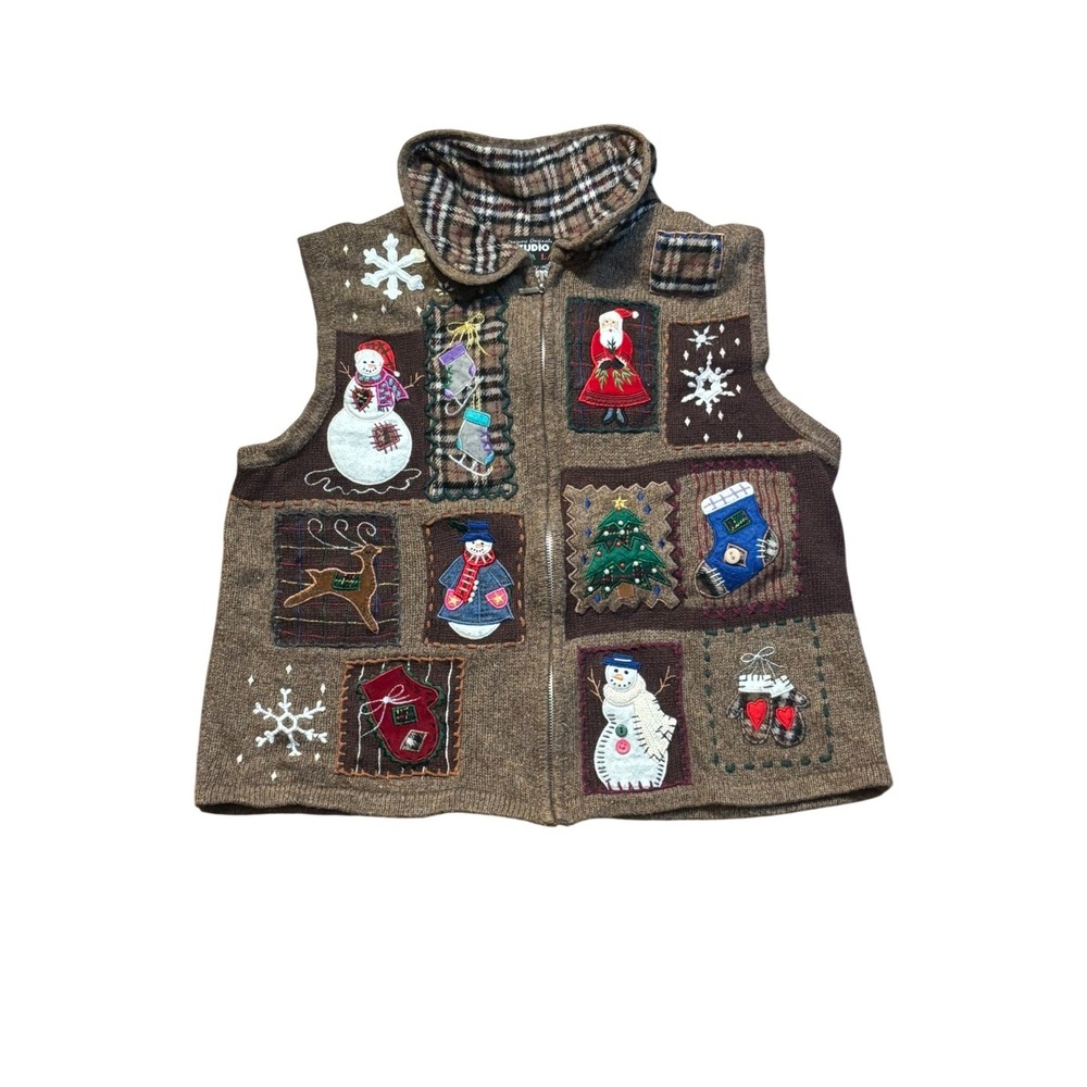 Embroidered Christmas Sweater Full Zip vest festive Holiday Novelty print‎ Sz m